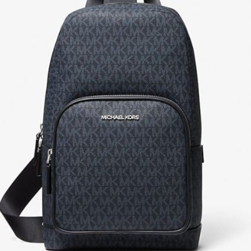 Michael Kors Cooper Medium Navy Signature PVC Sling Backpack-Blue Admiral